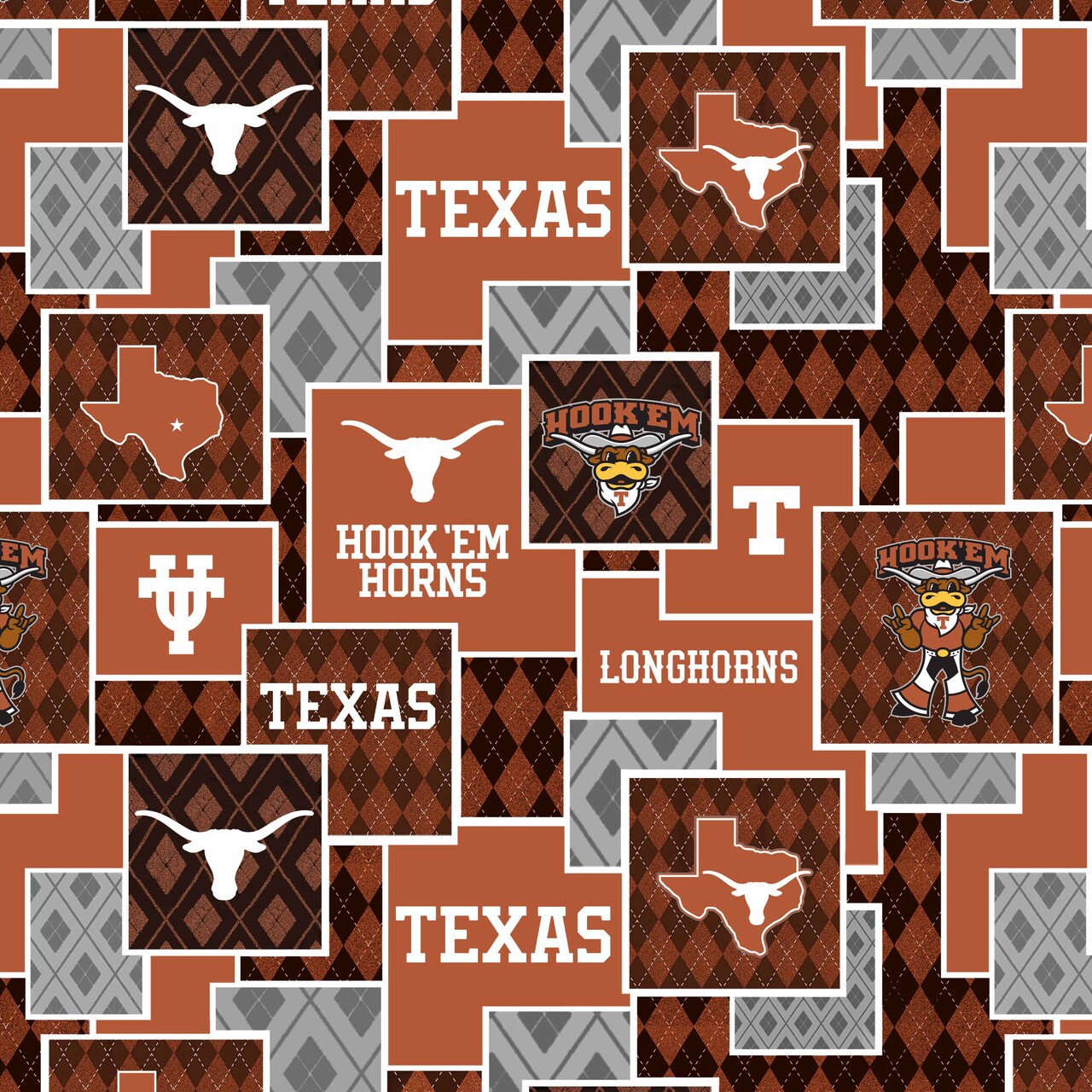Sykel Enterprises-University of Texas Cotton Quilting Fabric-Texas Longhorns Argyle Boxes Cotton Fabric Sold by the Yard